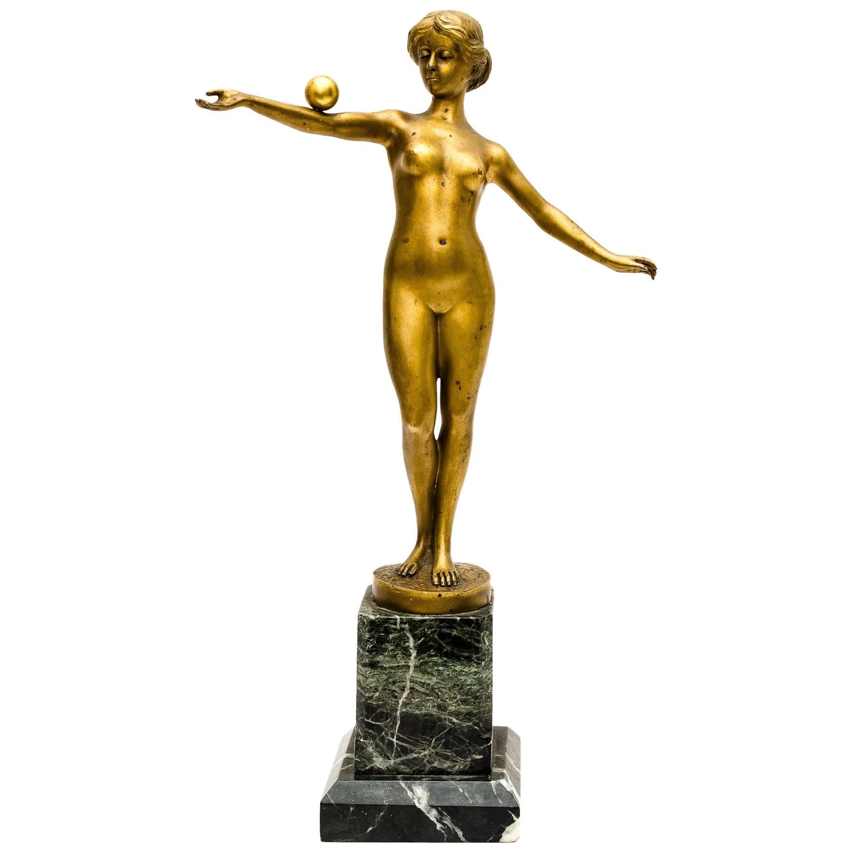 Julius Paul Schmidt-Felling "Nude Woman with Ball", Gilted Bronze Figurine