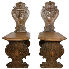 Used 19th Century Pair of Carved Oak Sgabello Hall Chairs, Italy