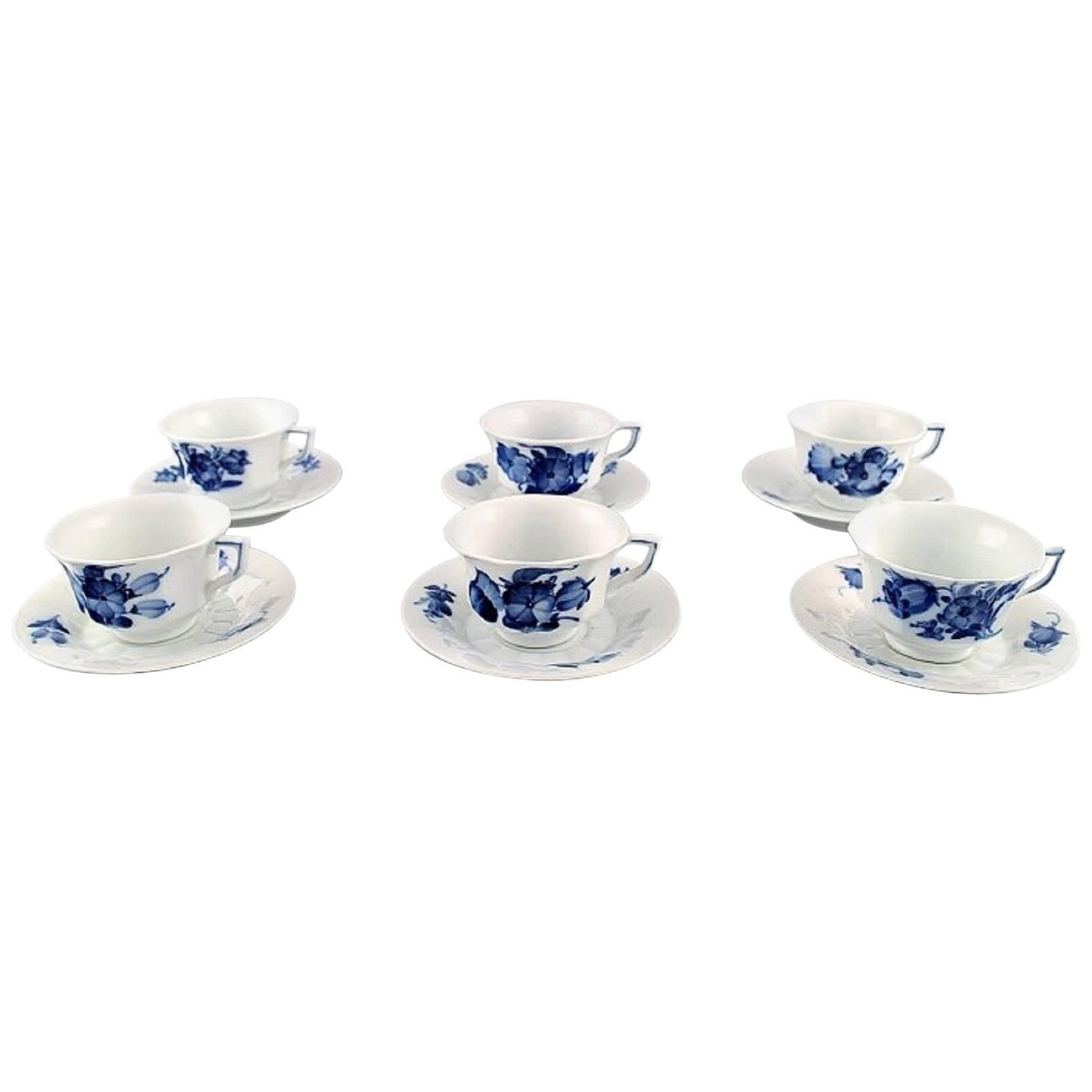 Six Persons Royal Copenhagen Blue Flower Angular, Six Coffee Cups with Saucers