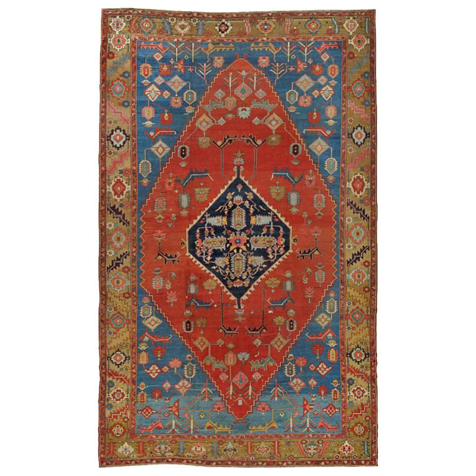 Antique Persian Serapi Carpet, Handmade Wool Oriental Rug, Red, Camel Light Blue