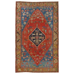 Tapis persan antique Serapi, tapis oriental en laine fait à la main, rouge, bleu clair camel