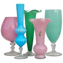 Collection of Five Opaline and Murano Glass Vases, Italy, circa 1950s