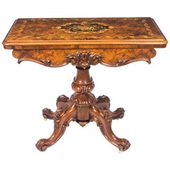 Antique Victorian Burr Walnut and Marquetry Card Table, 19th Century