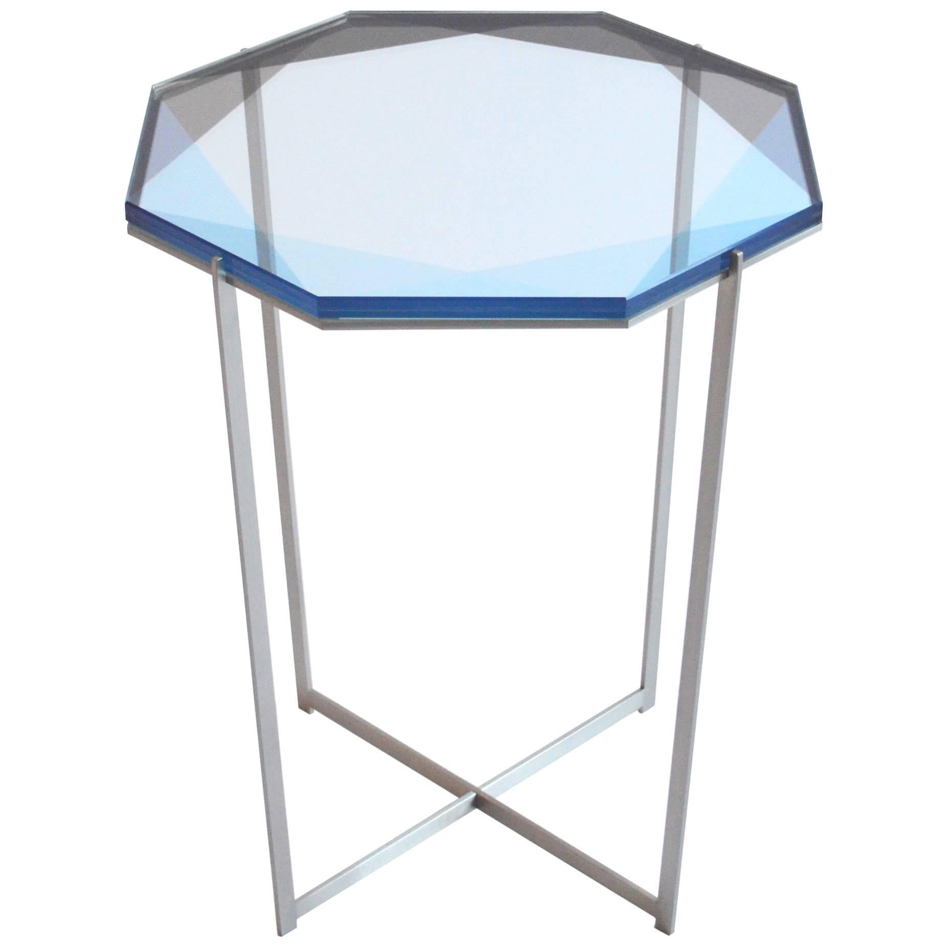 Gem Side Table - Blue Glass w/ Stainless Steel Base by Debra Folz For Sale