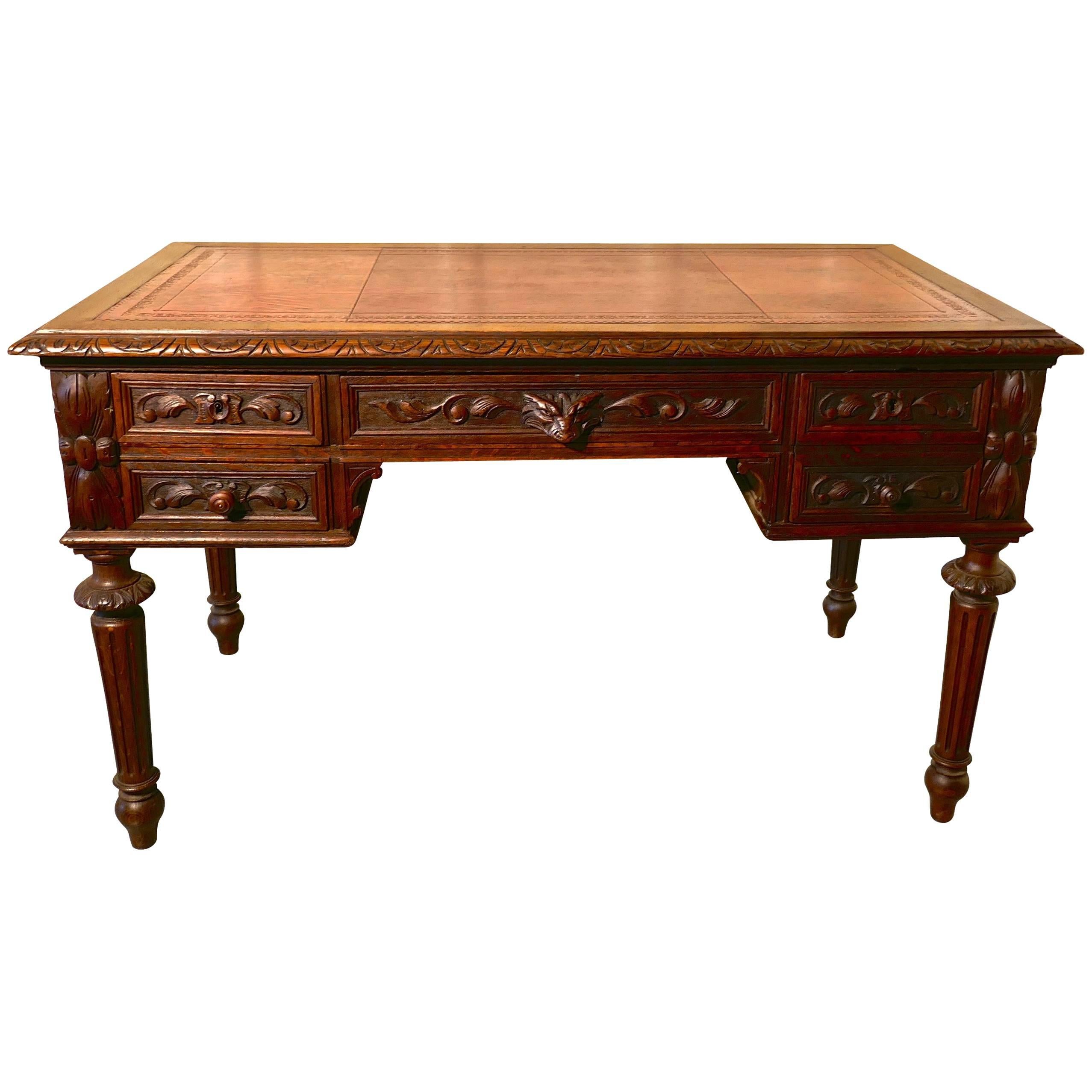 Green Man Carved Gothic Oak Writing Table