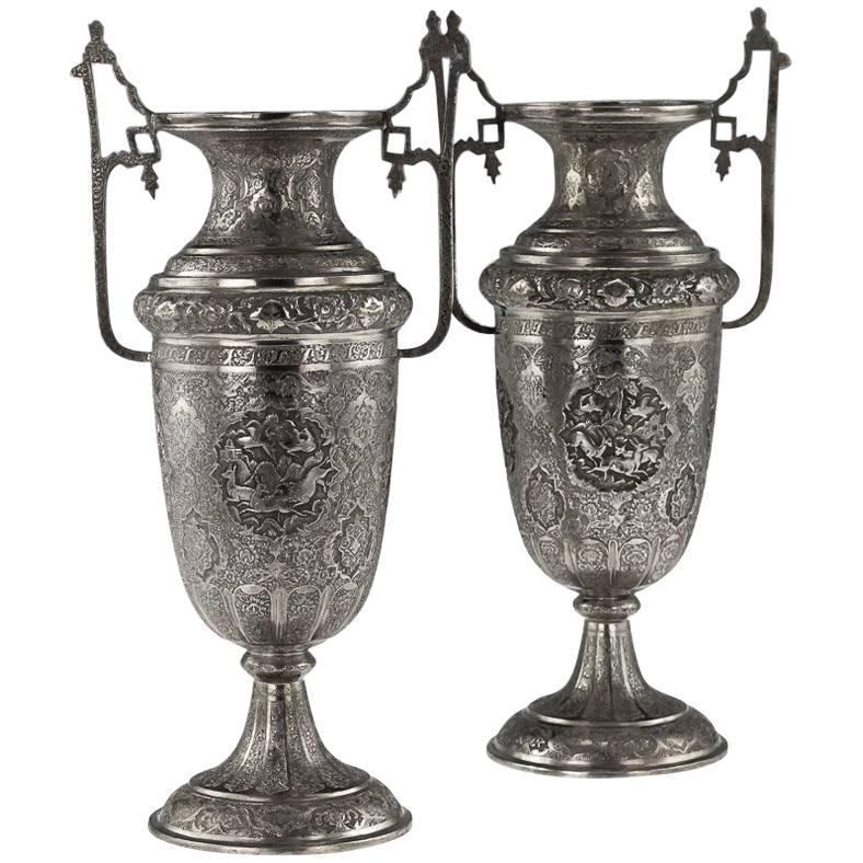 Antique Persian Solid Silver Large Pair of Vases, Isfahan, circa 1920