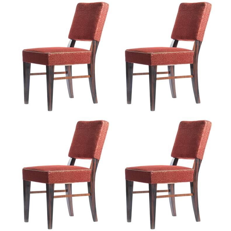 Set of Four Dining Chairs in Veneer and Original Fabric, Czechoslovakia, 1940s For Sale
