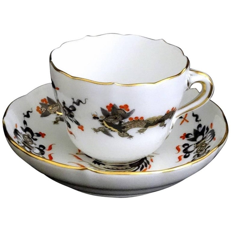 Meissen Black Dragon Red Accent Demitasse Cup and Saucer For Sale