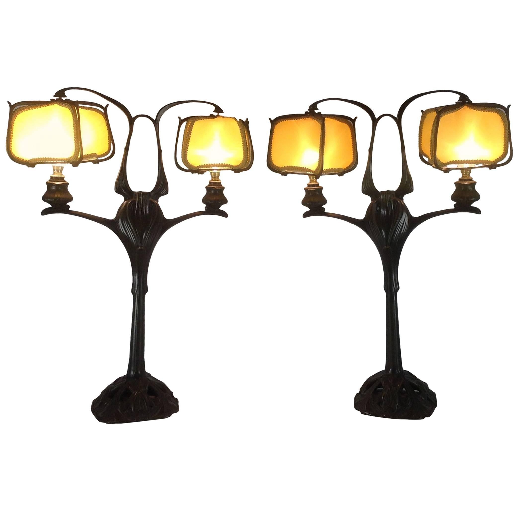 Pair of Bronze and Silk Art Nouveau Lamps by Georges de Feure, 1905 For Sale