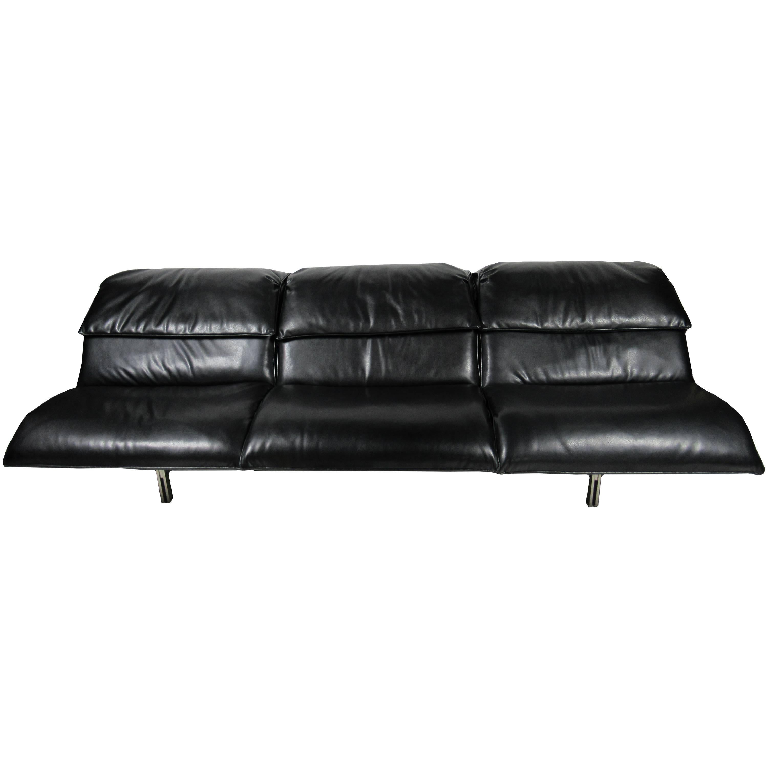 Italian Modern Stainless Steel and Leather Three-Seat "Wave" Sofa, Saporiti