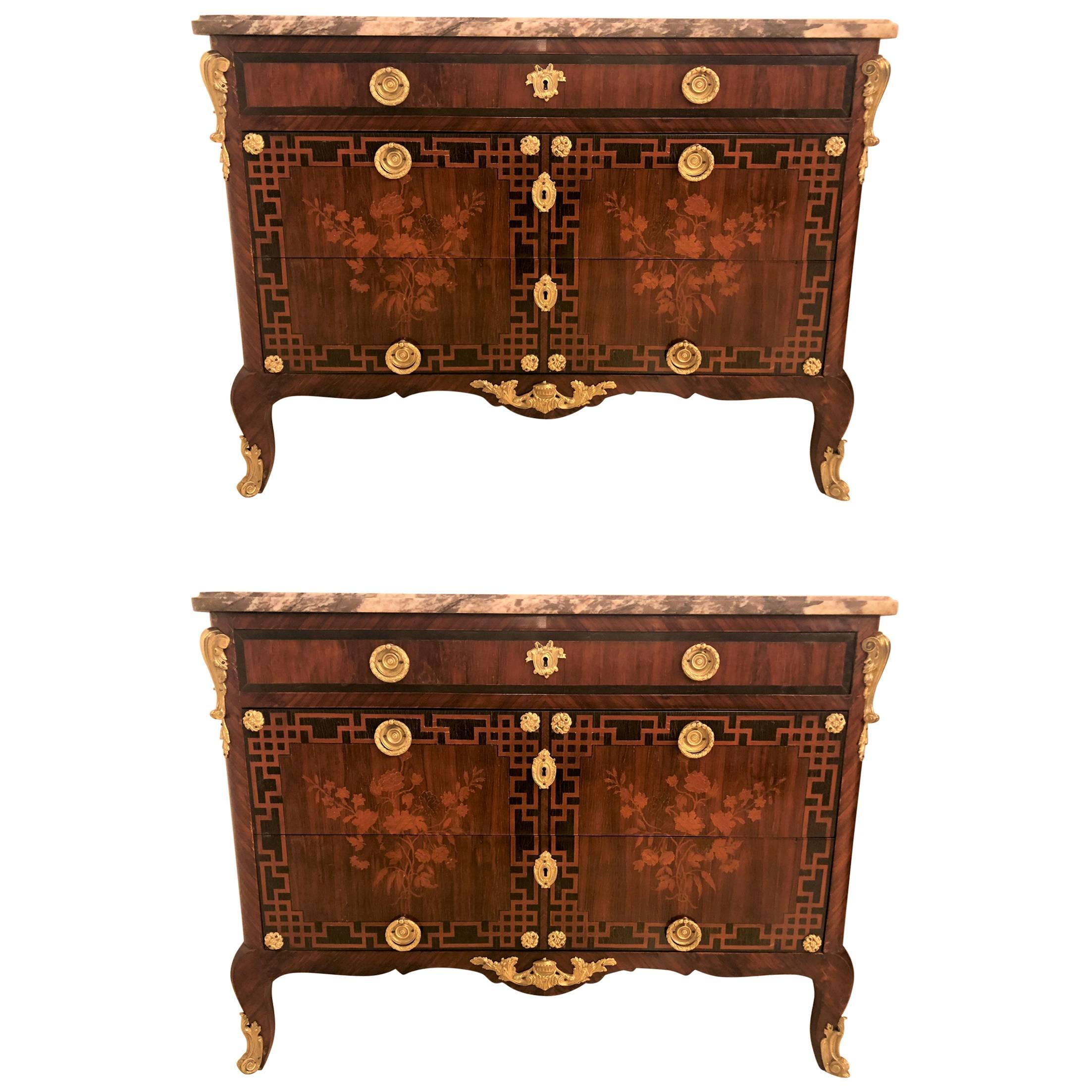 Pair of Louis XV Style Antique French Floral Inlaid Marble-Top Commode or Chests