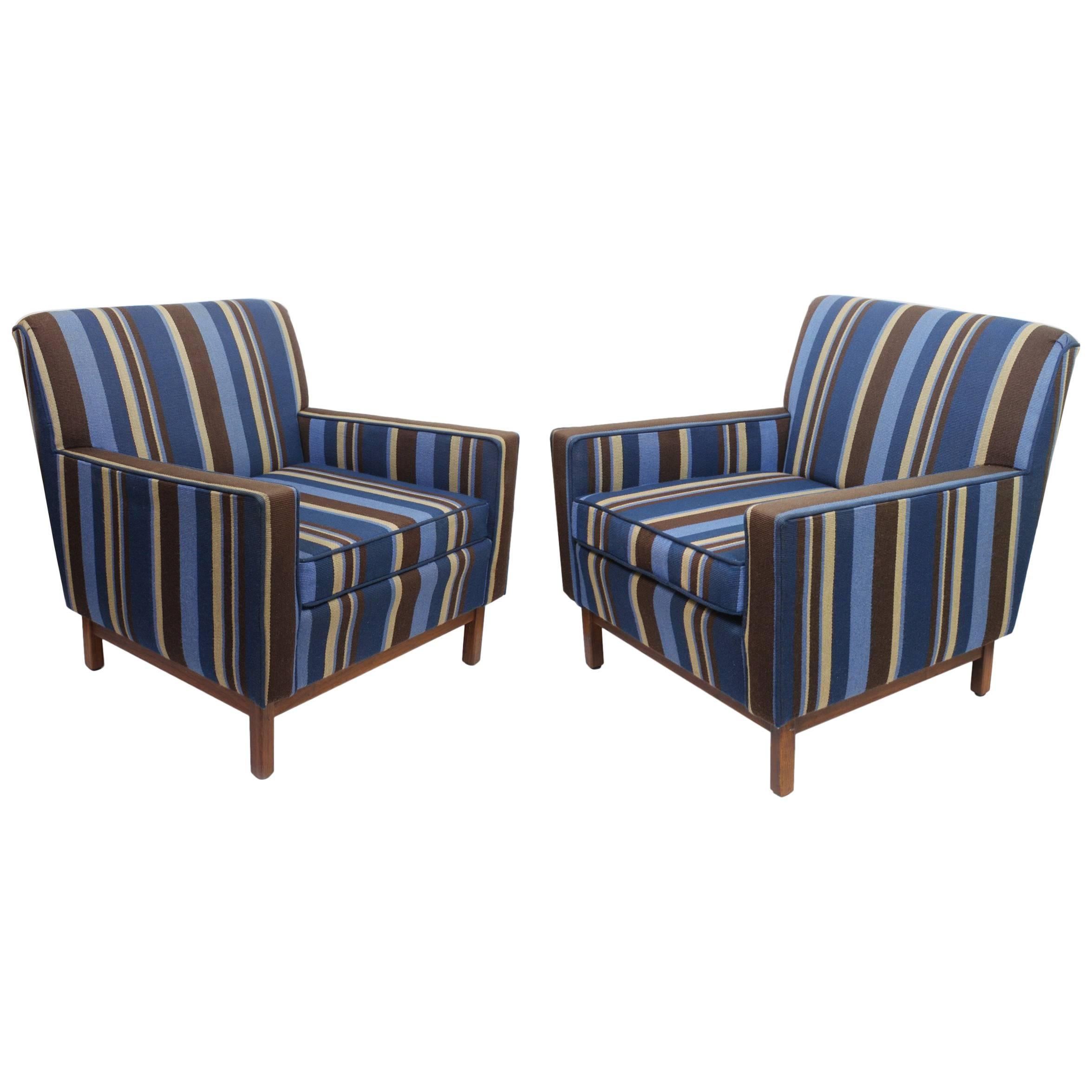 Spectacular Pair of Mid-Century Modern Blue Striped Lounge Chairs by Gunlocke