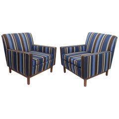 Vintage Spectacular Pair of Mid-Century Modern Blue Striped Lounge Chairs by Gunlocke