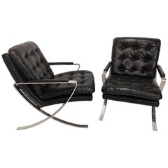 Pair of Black Leather Tufted and Chrome X-Base Cigar Chairs