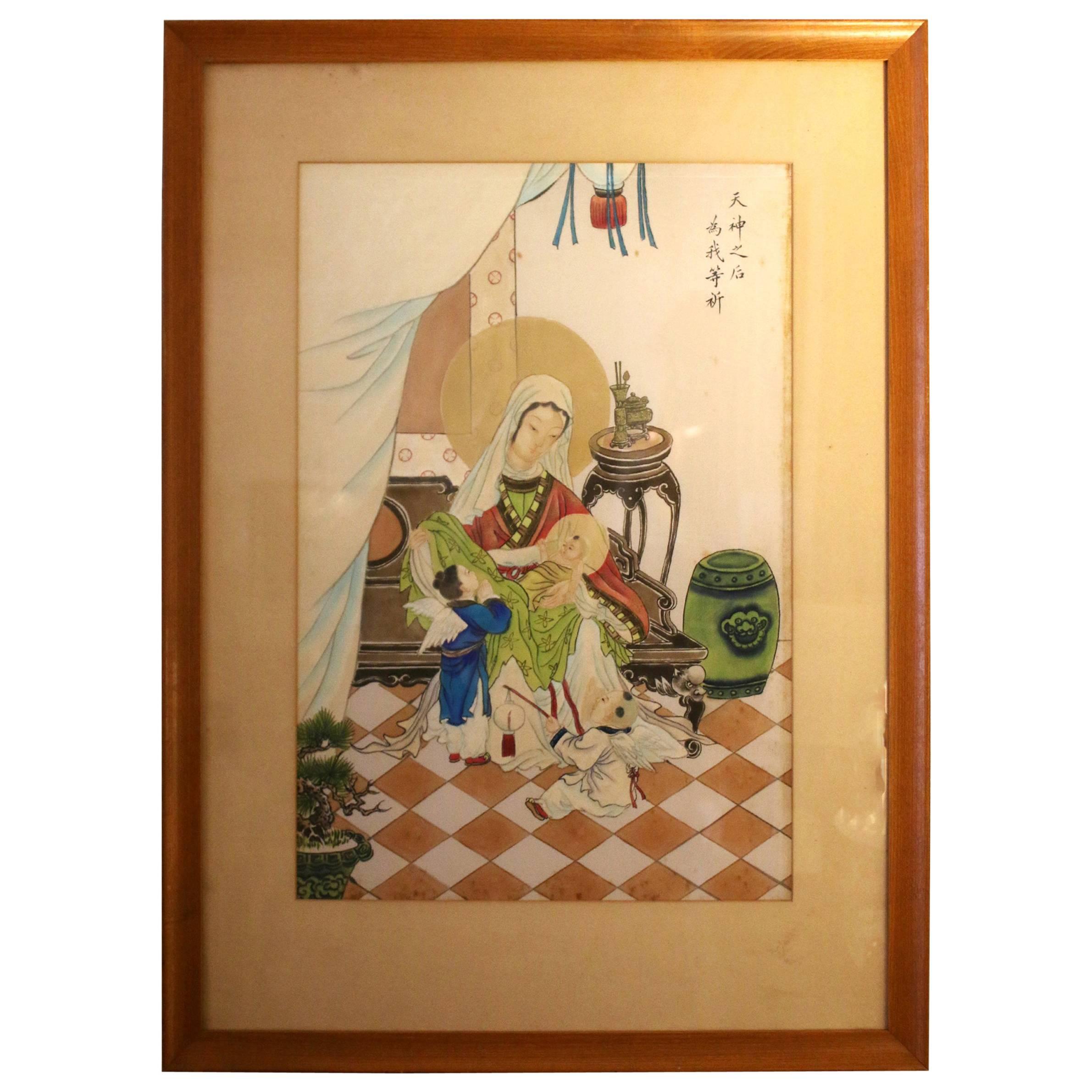 Rare Chinese Western Religion Watercolor and Gouache on Silk