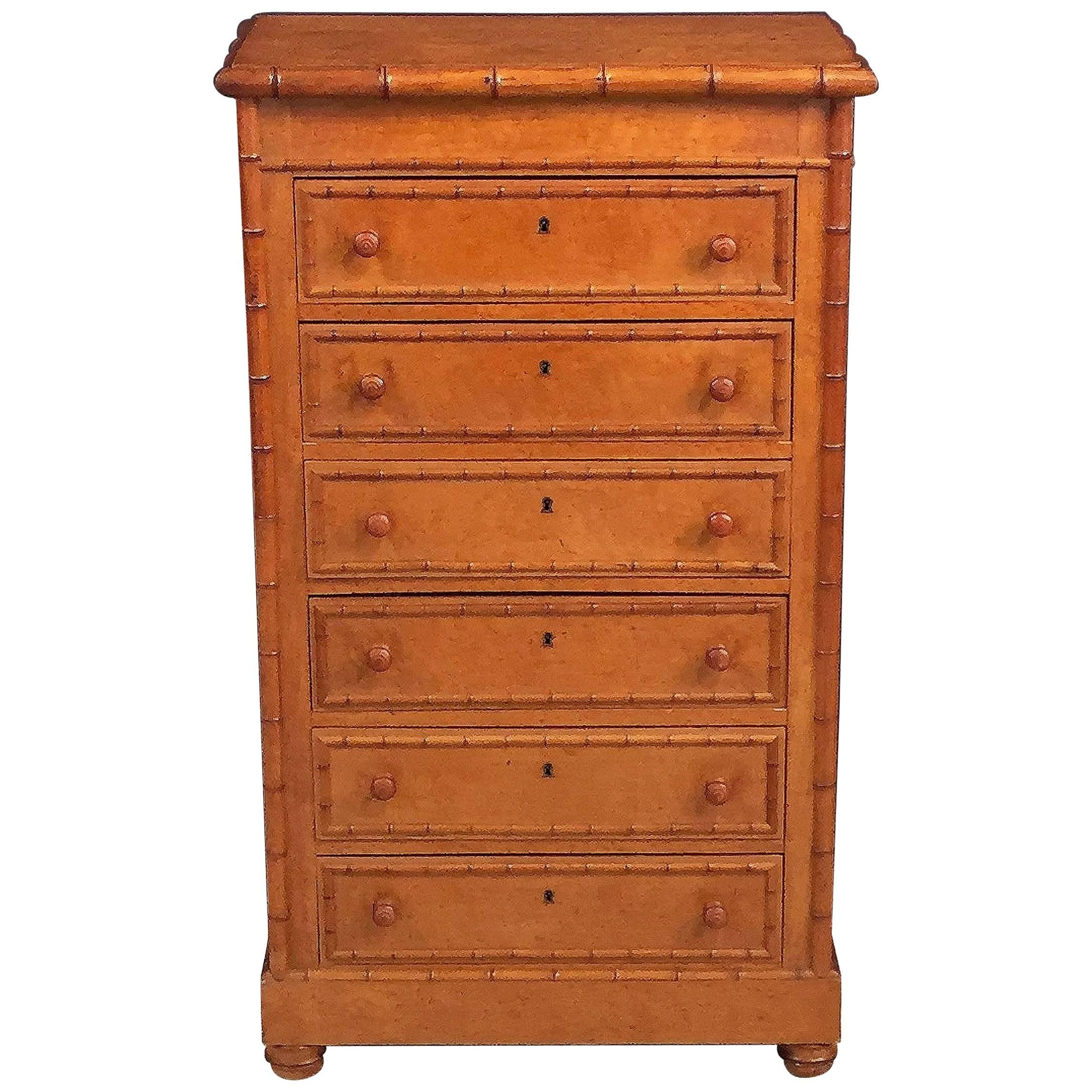 Faux Bamboo Wellington Collector's Cabinet or Chest of Drawers of Curly Maple
