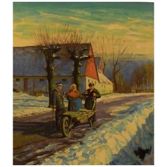 S. C. Bjulf Winter Idyll with People, Oil on Canvas