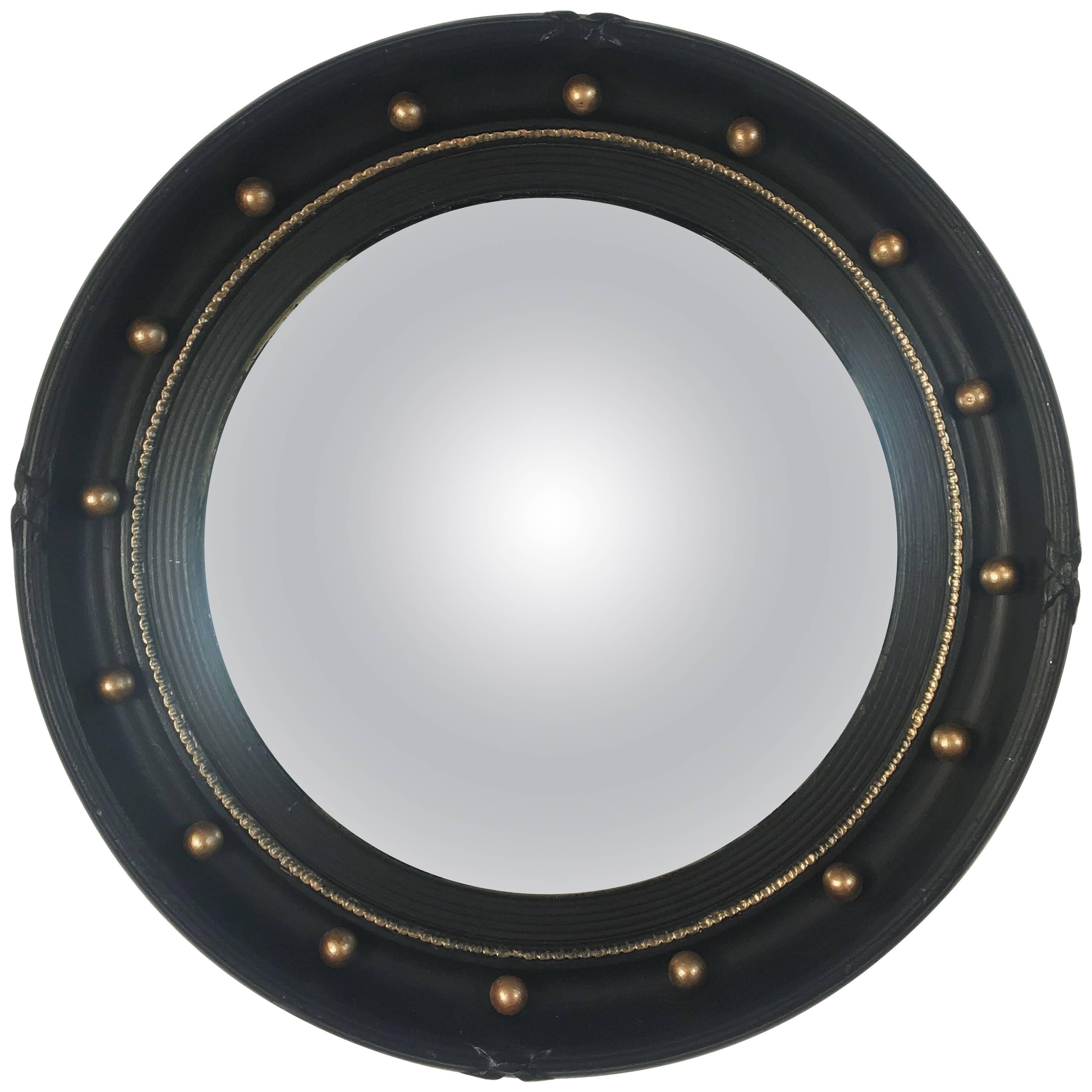 English Round Ebony Black and Gold Framed Convex Mirror (Diameter 16 1/2)