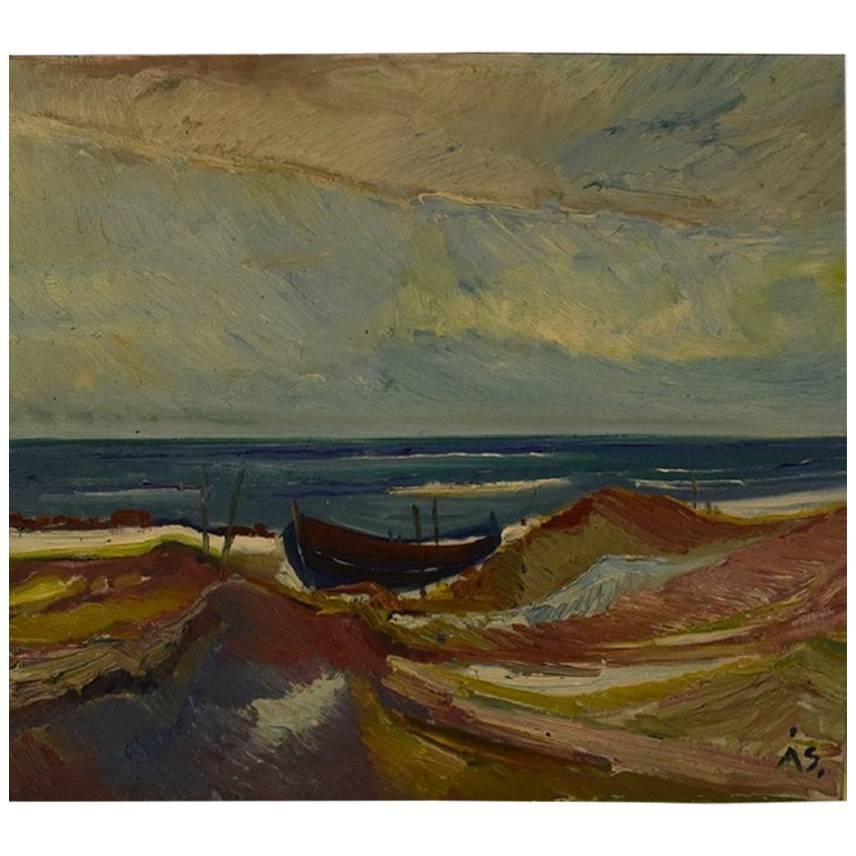 Aage Strand, Danish Landscape, Overlooking the Sea, Oil on Canvas