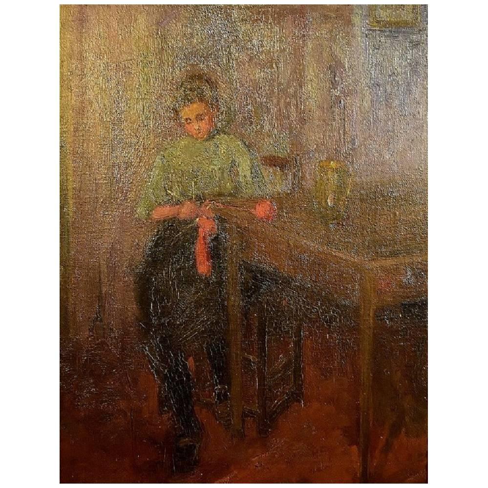 Fritz von Uhde Style circa 1900, Interior with a Knitting Girl