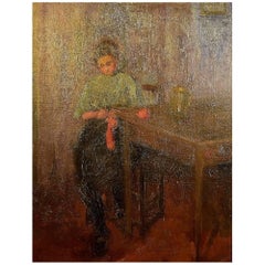 Antique Fritz von Uhde Style circa 1900, Interior with a Knitting Girl