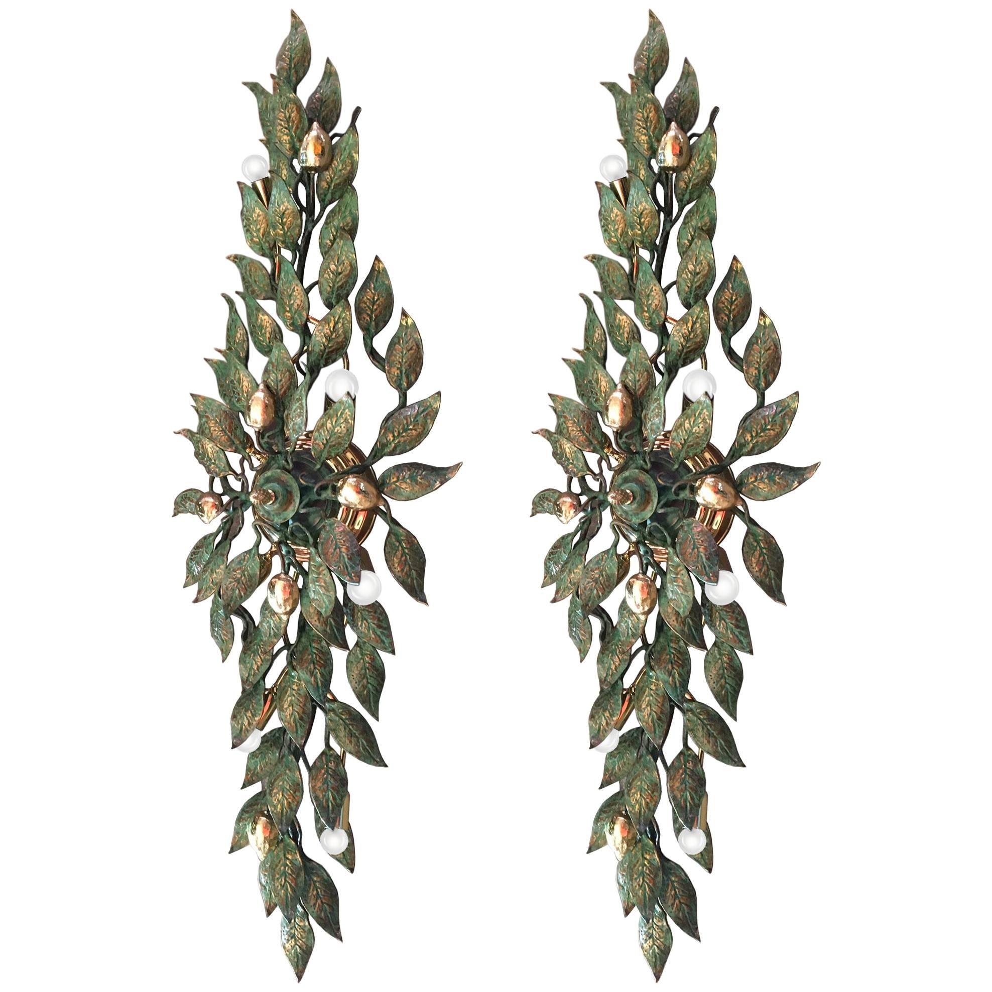 Pair of Large European Bronze Leaf Sconces For Sale