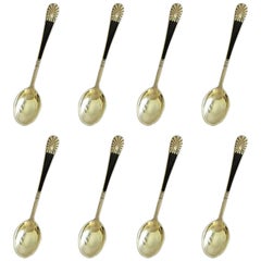 J. Tostrup Sterling Silver Mocca Spoons Set of Eight with Enamel from Norway