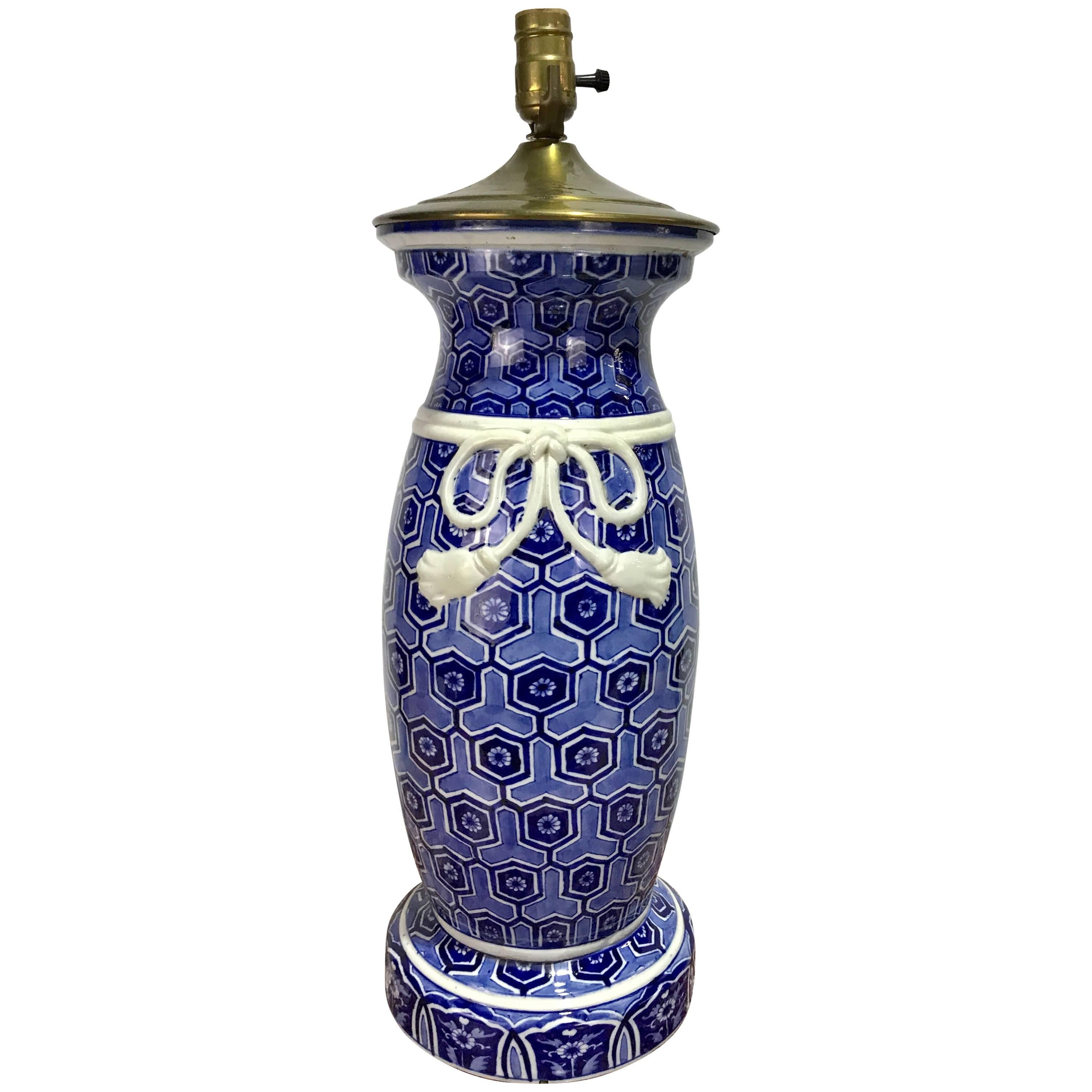Large Japanese Blue and White Fukagawa Vase Now as a Lamp