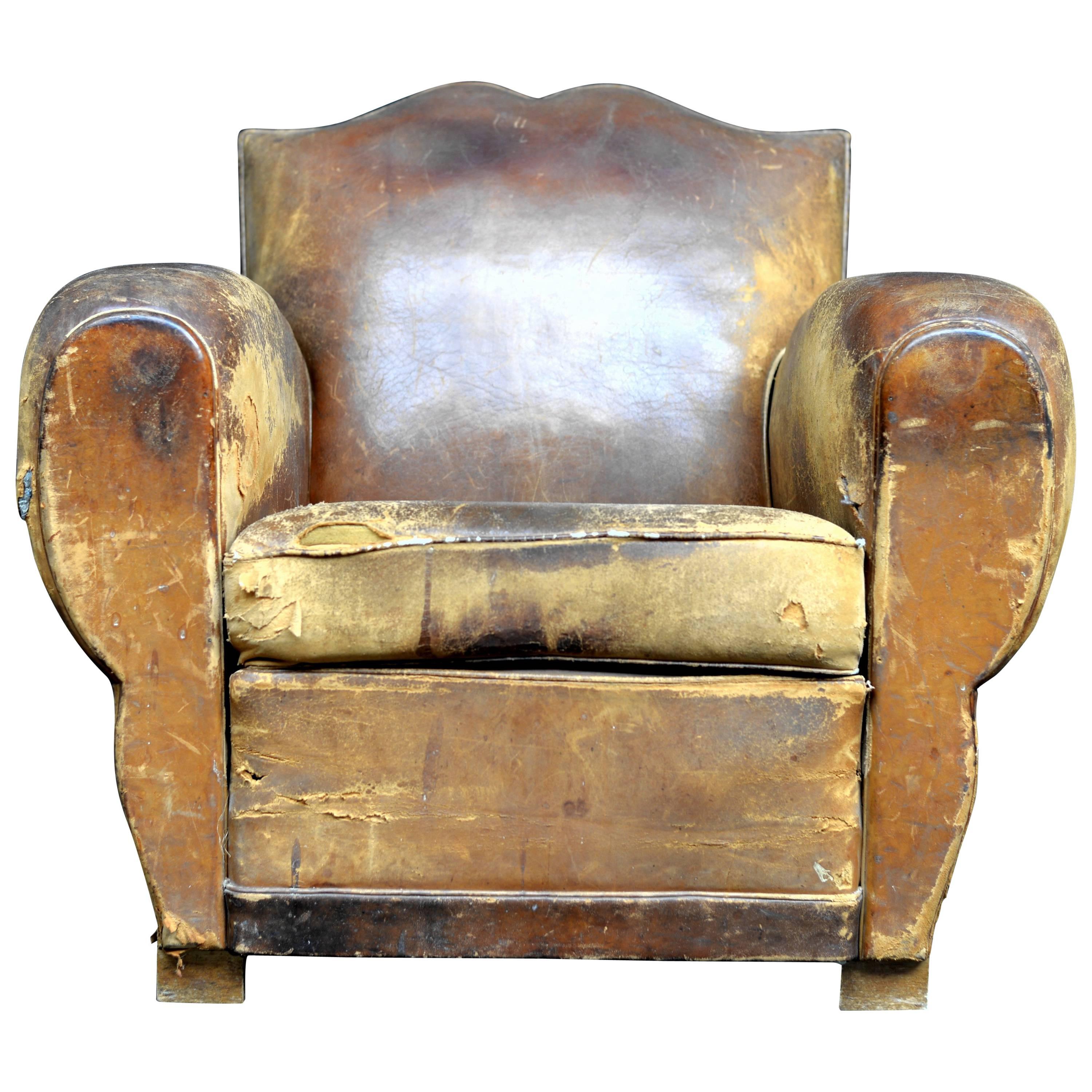 1920s French Leather Moustache Chair For Sale