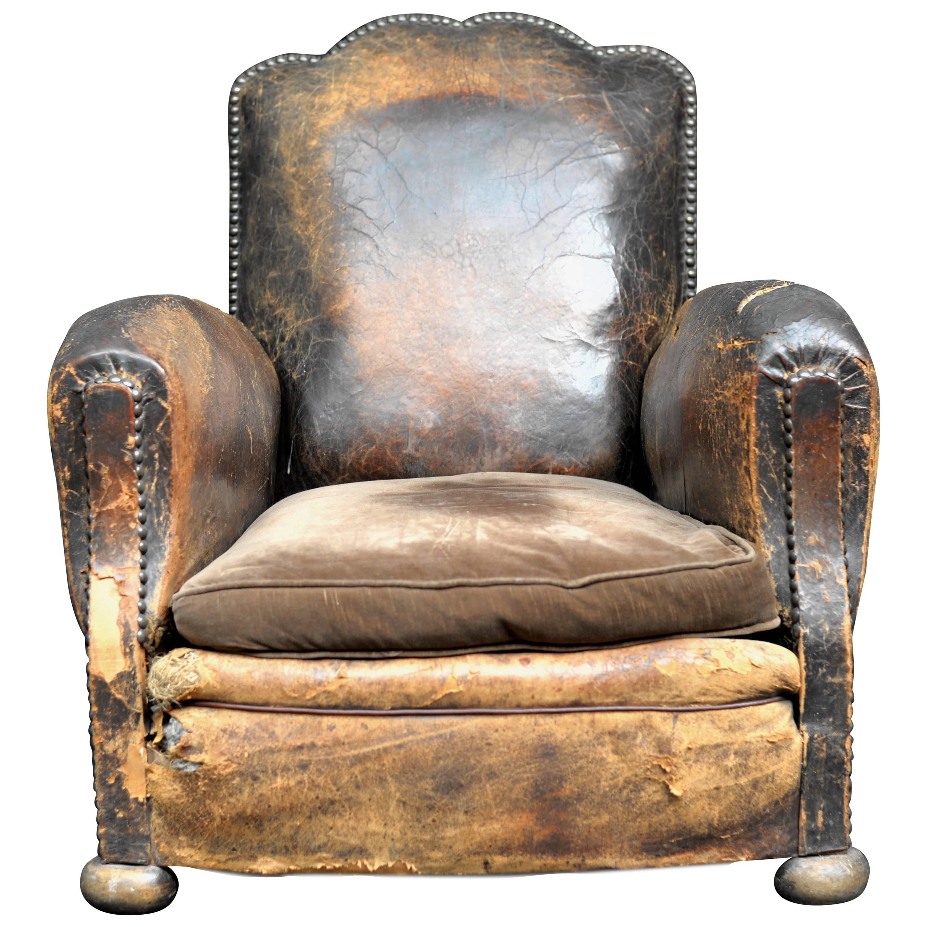 19th Century French Leather High Back Moustache Chair For Sale