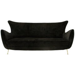 Italian Three-Seat Black Velvet Sofa with Brass Legs, 1950s
