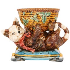 Antique Majolica Bowl with Cat by Jerome Massier