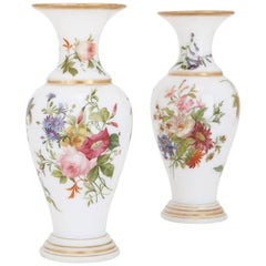 Pair of Floral Opaline Glass Vases Attributed to Baccarat