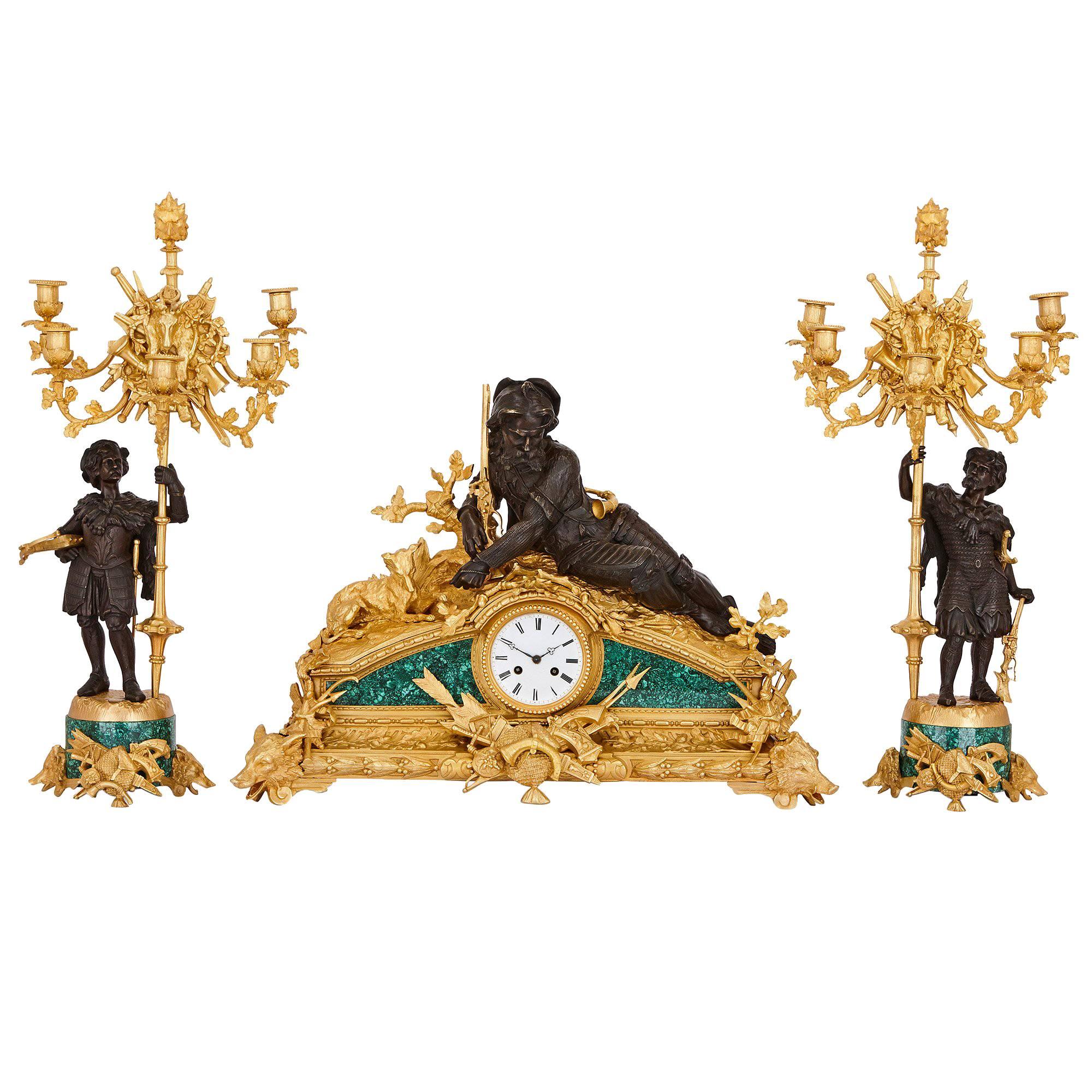 Hunting themed malachite and bronze antique clock set