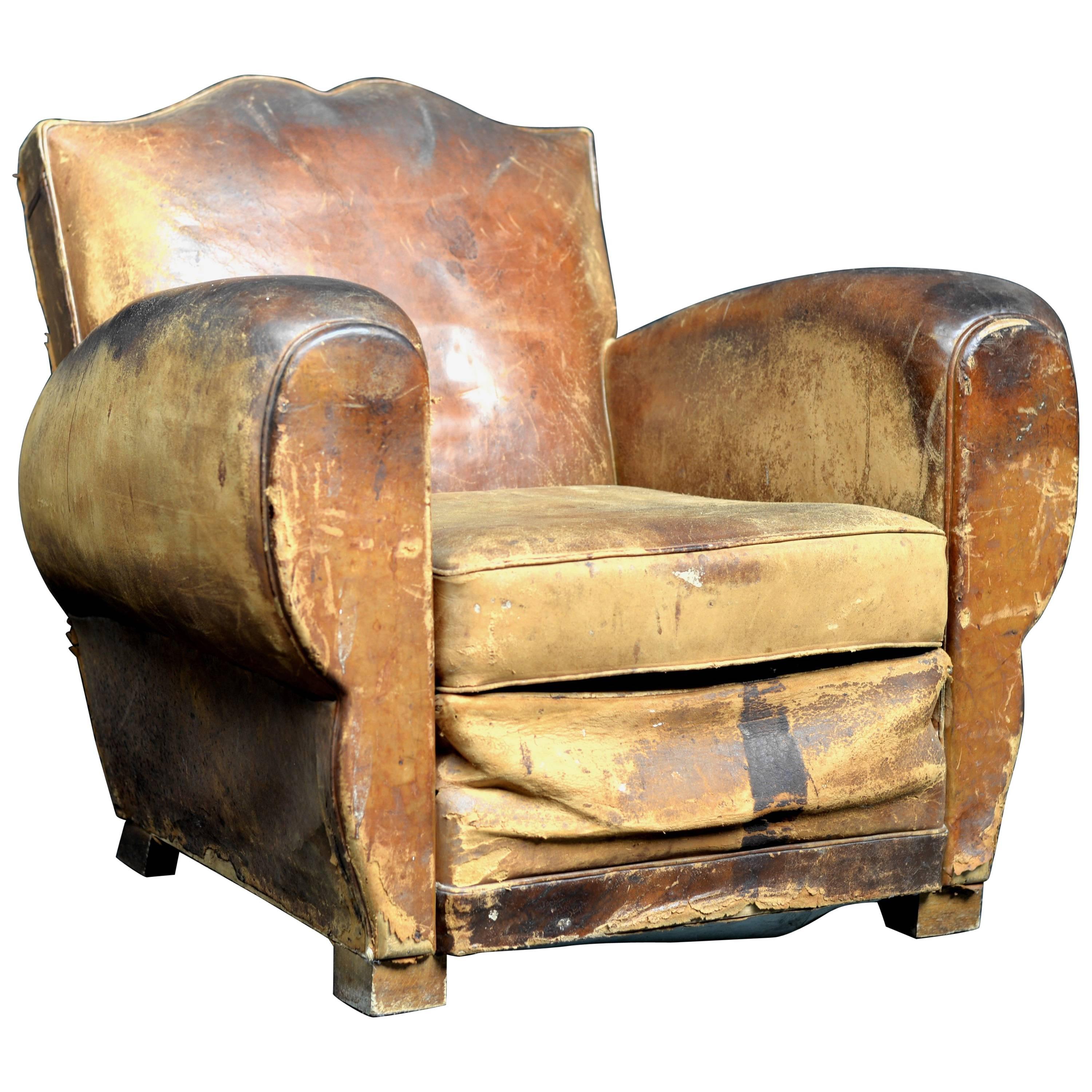 1920s French Leather Moustache Chair For Sale