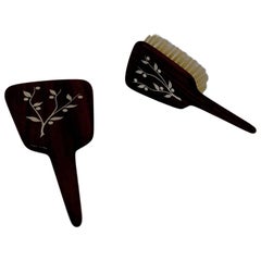Vintage Set of Danish Midcentury Bog Oak Hand Mirror and Brush with Silver Inlays