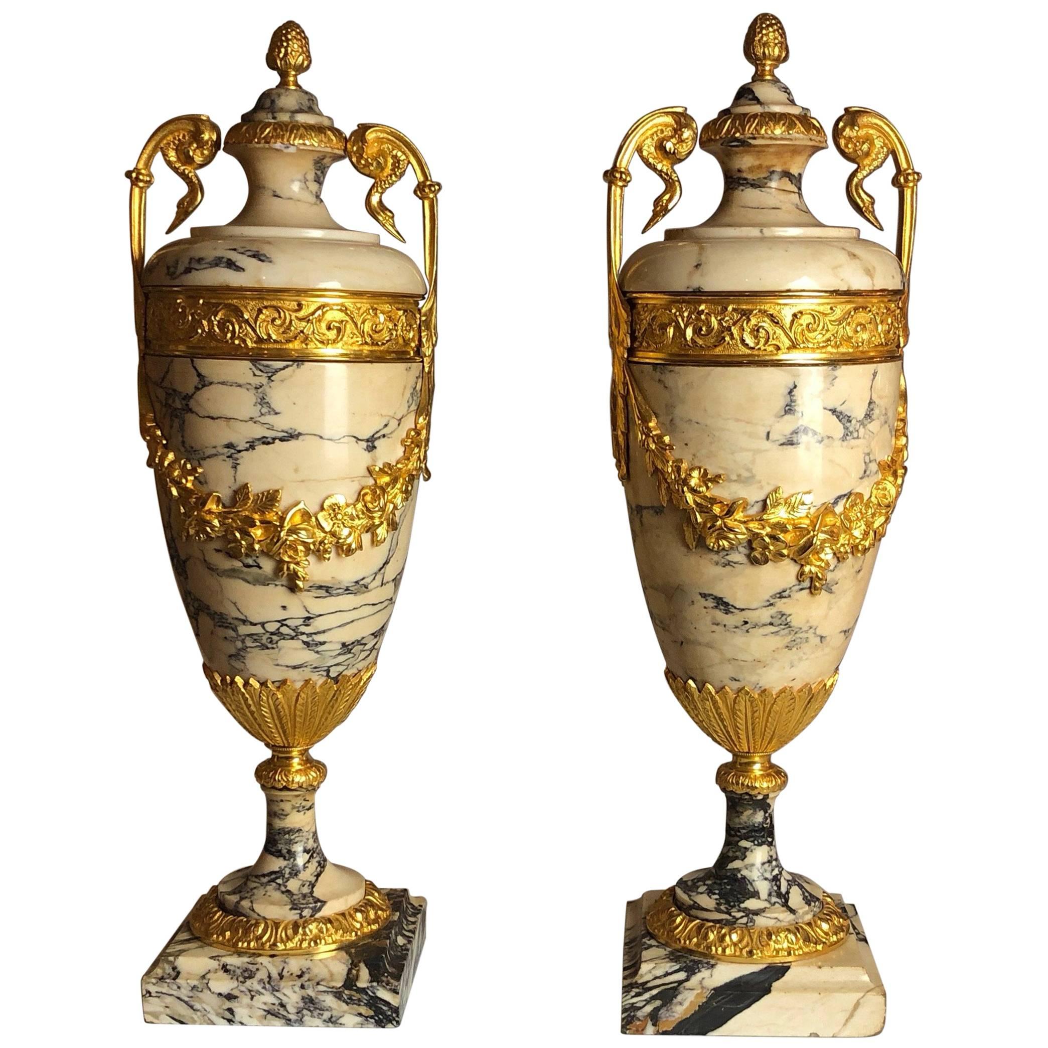 Antique Pair of Ormolu-Mounted Marble Urns, French, circa 1870