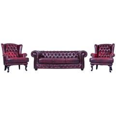 Chesterfield Three-Seat Sofa and Two Armchairs Oxblood Red Vintage Retro Wood