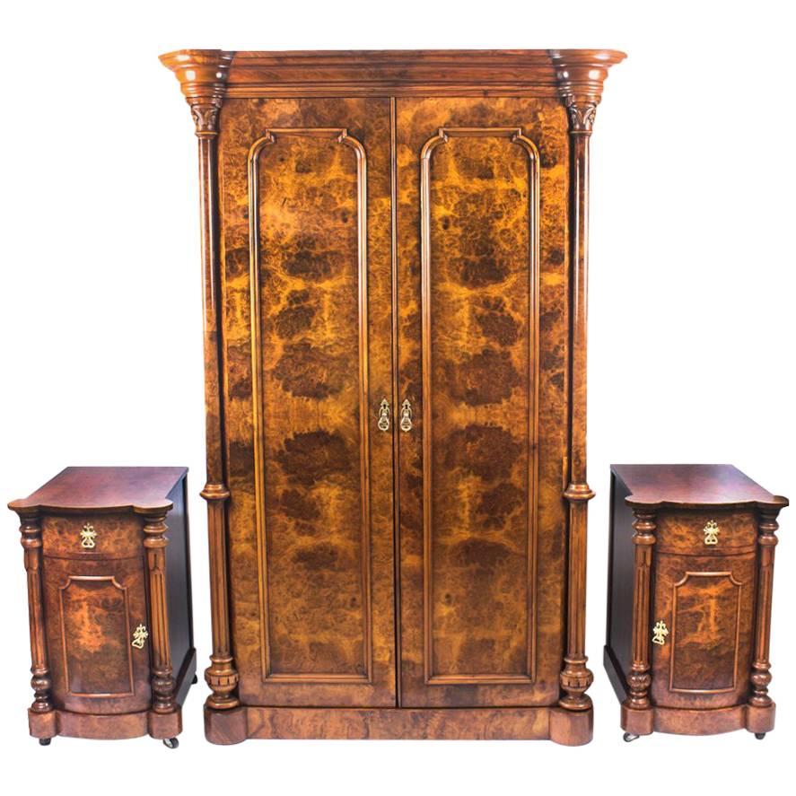 19th Century Victorian Burr Walnut Wardrobe and Pair of Bedside Cabinets