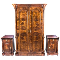 Antique 19th Century Victorian Burr Walnut Wardrobe and Pair of Bedside Cabinets