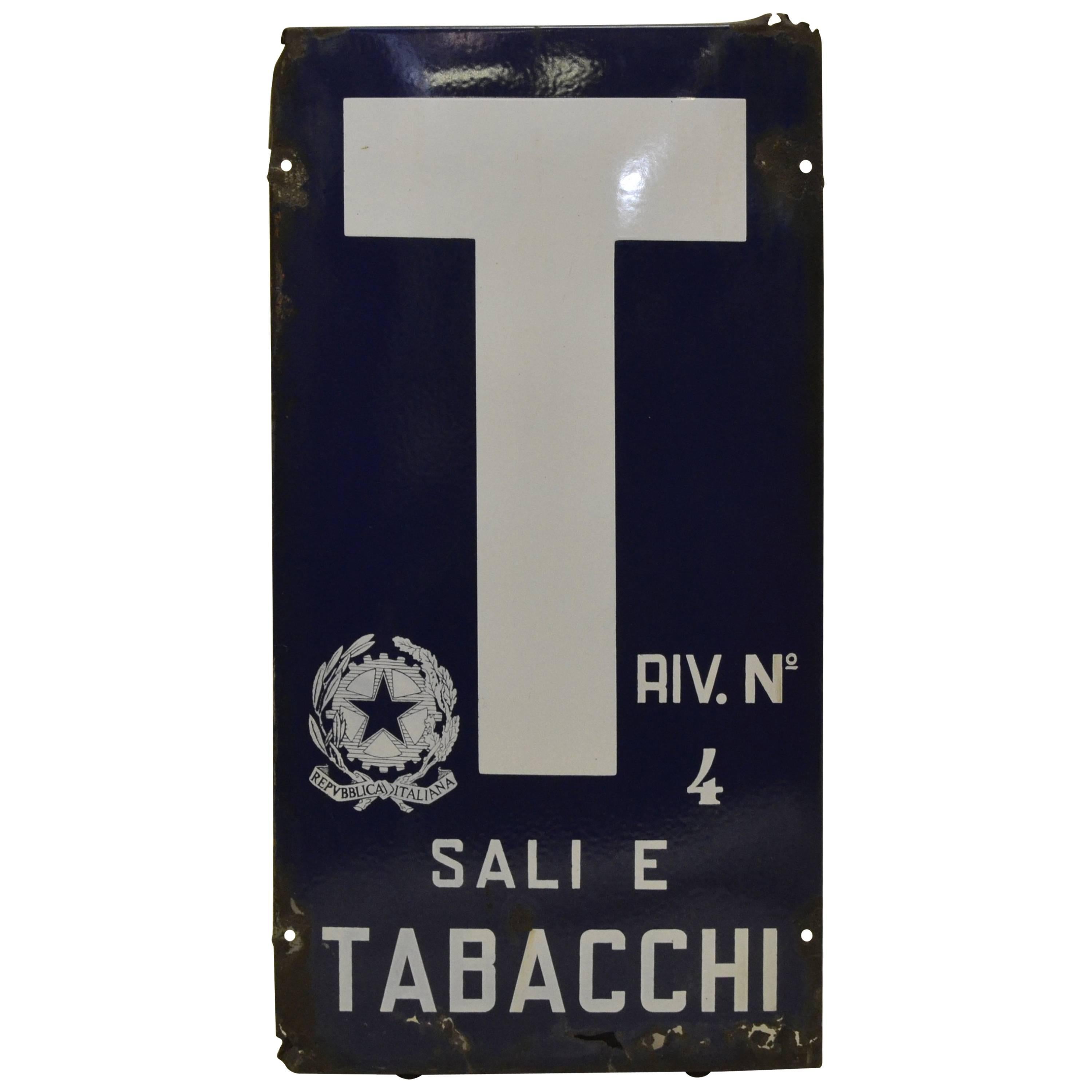 1960s Blue and White Italian Vintage Enamel Tobacco Sign ‘Sali e Tabacchi’