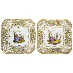 Antique Pair of German Dresden Porcelain Reticulated Dishes 19th Century