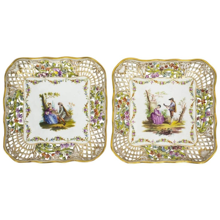 Antique Pair of German Dresden Porcelain Reticulated Dishes 19th