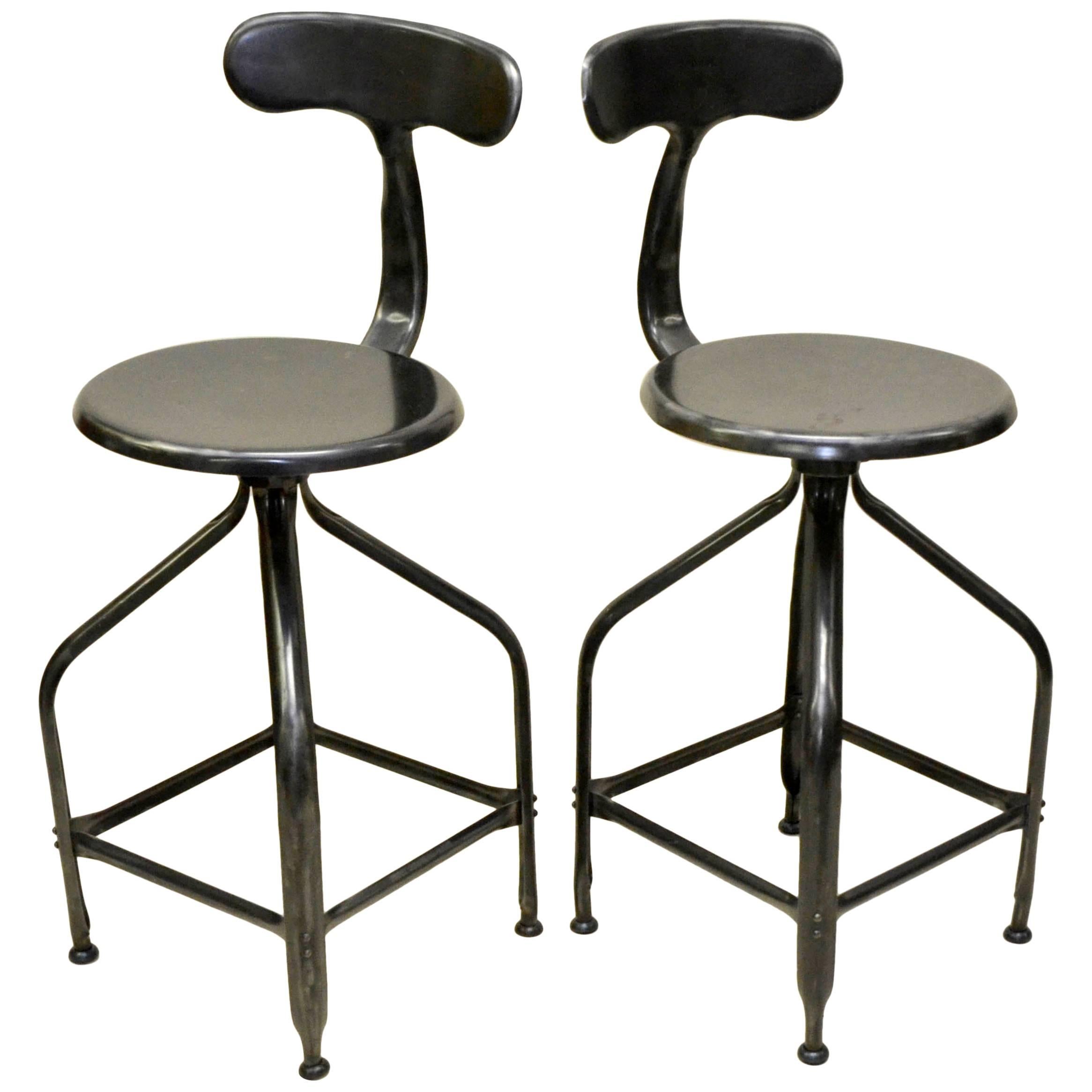 1960s French Nicolle Industrial Vintage Adjustable Metal High Stools For Sale