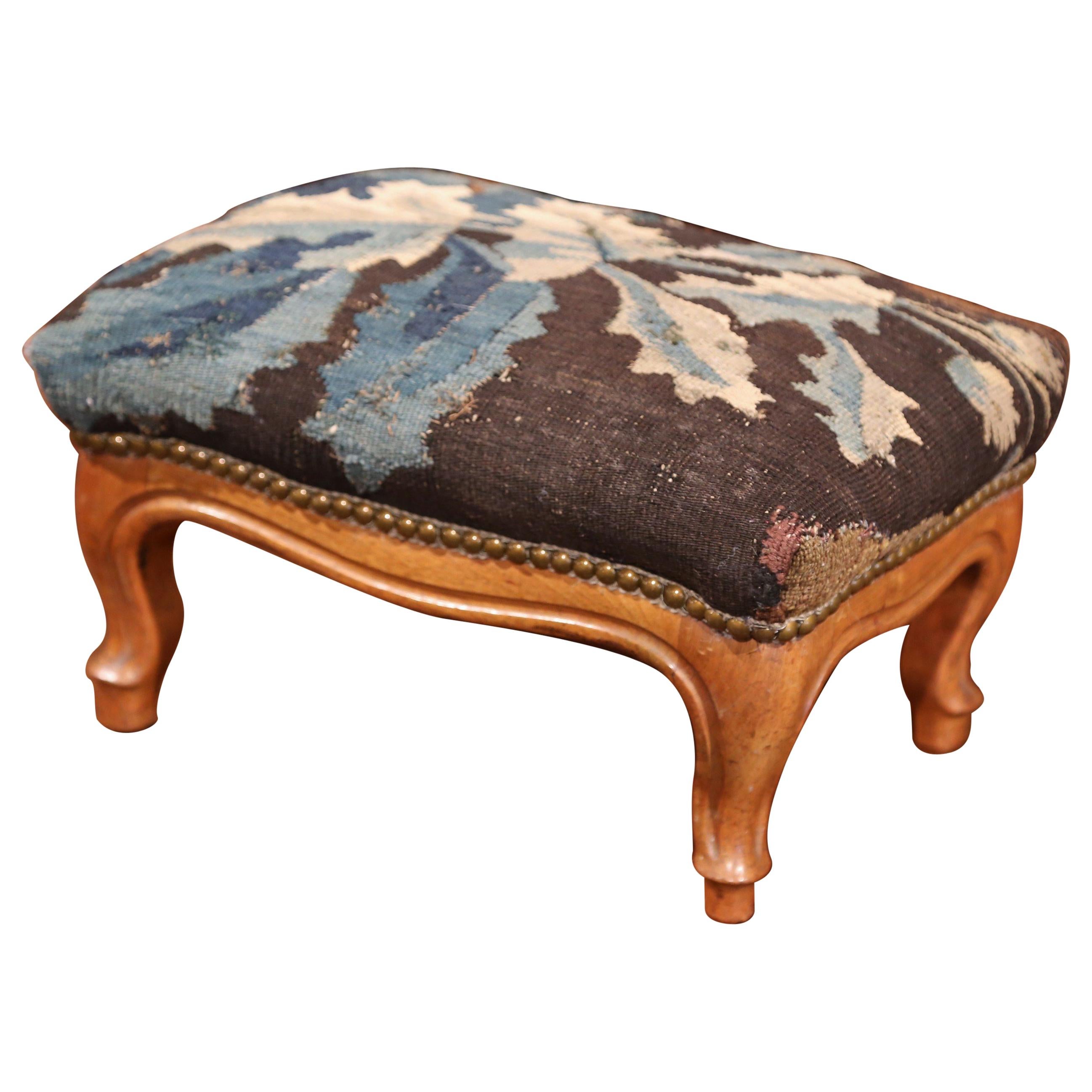 19th Century French Carved Walnut Footstool with 18th Century Aubusson Tapestry
