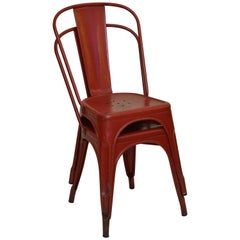 1950s Xavier Pauchard Pair of Industrial Vintage Red Metal French Chairs, Tolix