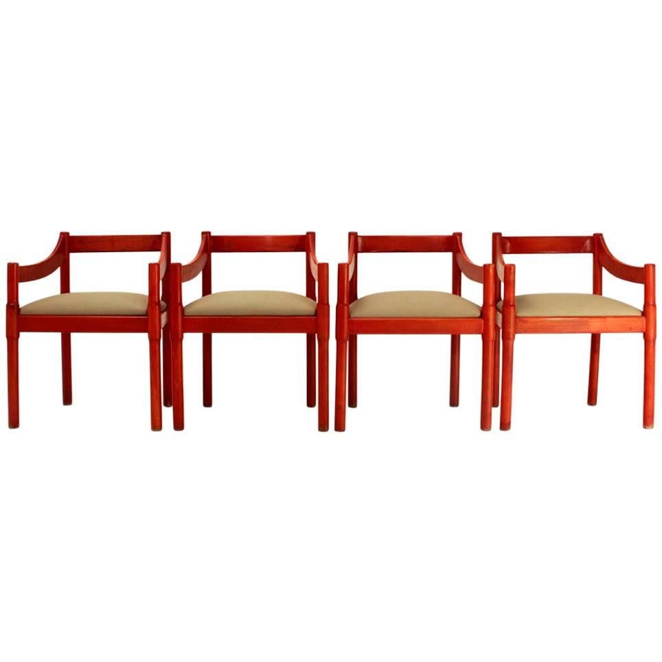 Four Red Carimate Chairs by Vico Magistretti for Cassina, 1960s