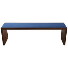 Walnut Bench with Blue Woven Upholstery