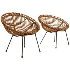 Two Italian Circolar Rattan Armchair, 1950s