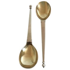 Set of Two Serving Spoons in English Silver, Partly Gilded